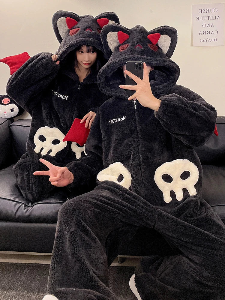 DAIMELU hooded male pajamas set men's cartoon winter thickened coral fleece flannel boy one-piece loungewear suit sleepwear