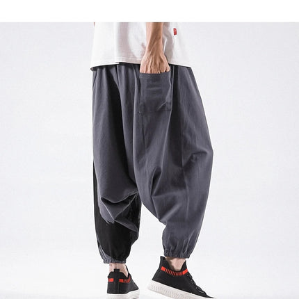 Pantaloni alla moda da uomo Samurai giapponese Ukiyo-e Cintura con stampa Pantaloni stile harem da uomo in cotone e lino Casual Oversize Harajuku Pantaloni a gamba larga da uomo