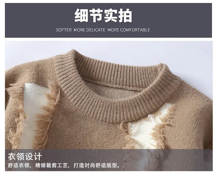 Ripped Sweater Men's Loose Crew Neck Knit Bottom Shirt Handsome Autumn Clothes on The Fashion  Sweater Pullover Sweater