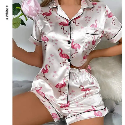 Pigiama da donna Pj Set Pigiama in raso con stampa a cuore Casual Manica corta Colletto con risvolto Top e pantaloni Indumenti da notte e pigiama per adulti platinumshop