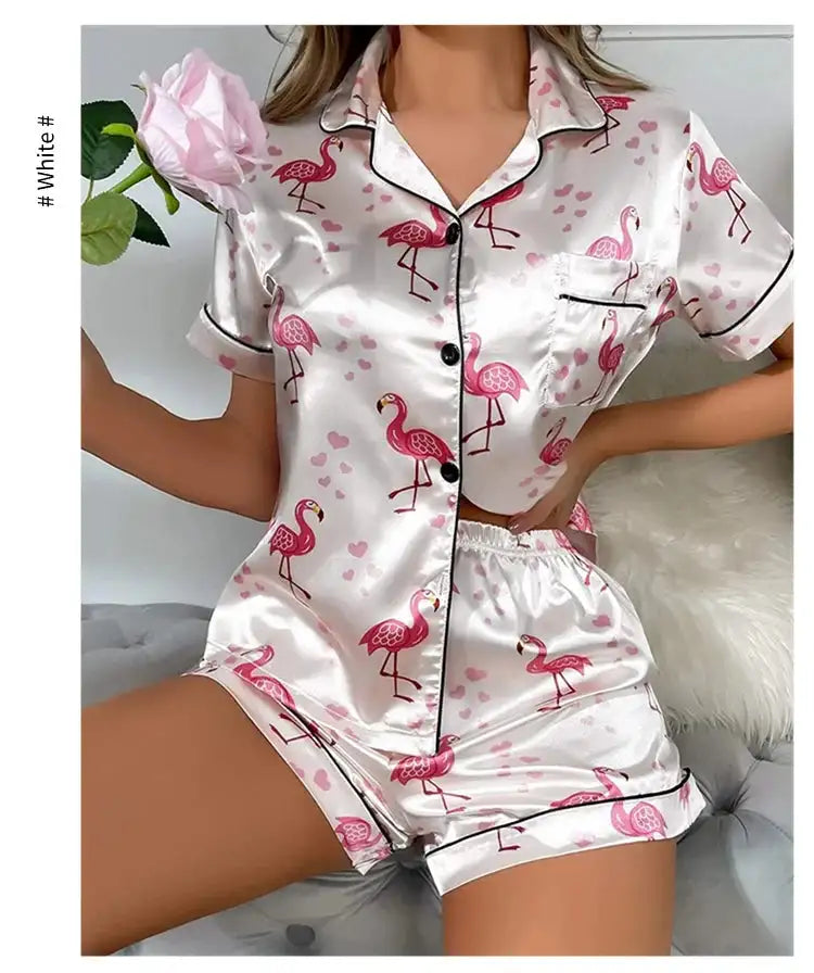 Pigiama da donna Pj Set Pigiama in raso con stampa a cuore Casual Manica corta Colletto con risvolto Top e pantaloni Indumenti da notte e pigiama per adulti platinumshop