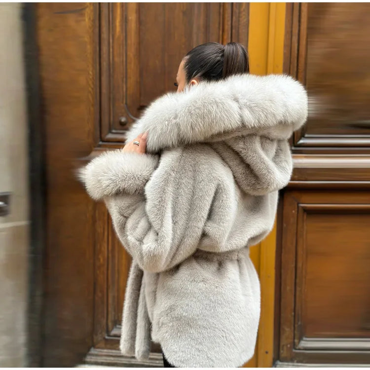 Hoody Faux Fur Furry Coats Women Fashion Belt Long Sleeve Pocket Thicken Warm Jacket 2026 Autumn Winter Urban Lady Streetwears