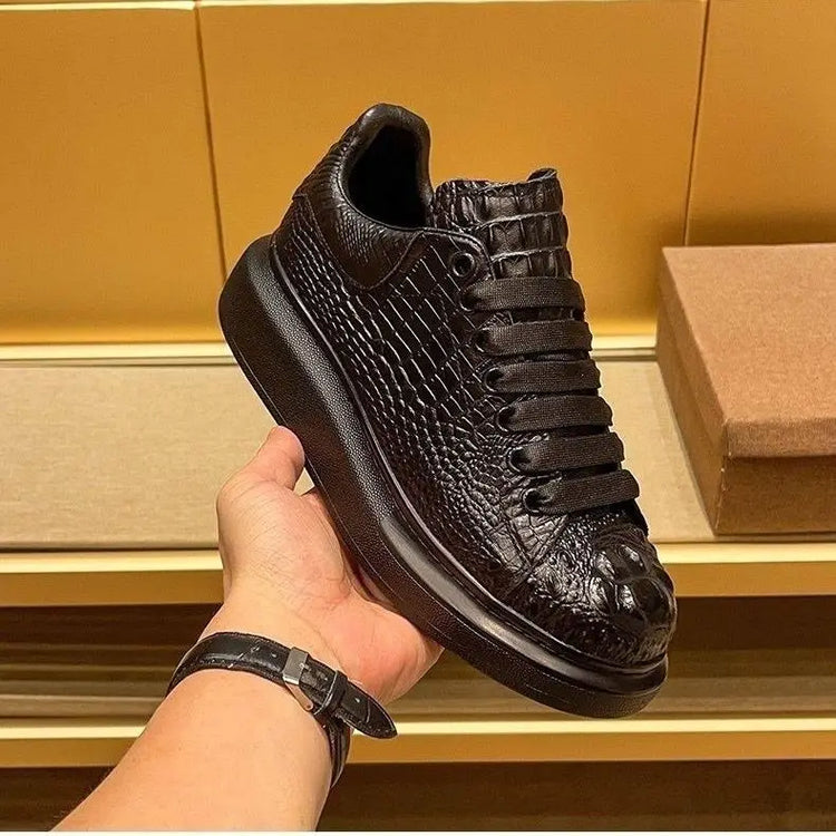 Trend crocodile print black men's breathable shoes running casual sports board shoes natural cowhide soft sole shoes