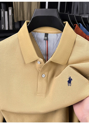 Polo à manches longues de marque haut de gamme 100 % coton, nouveau t-shirt décontracté à revers pour homme d'affaires, confort de luxe avec broderie Paul poney