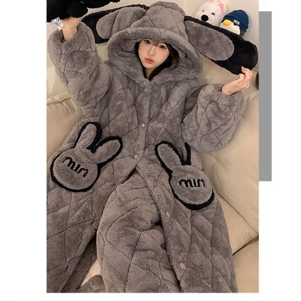 Women Winter Thickened Fleece Bathrobe Can Be Worn Outside Girls Student Hoodie Loose Pajama Two-piece Set Lady Warm Loungewear
