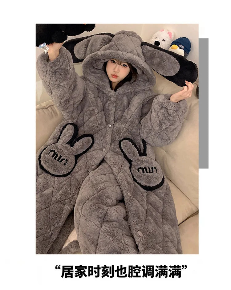 Women Winter Thickened Fleece Bathrobe Can Be Worn Outside Girls Student Hoodie Loose Pajama Two-piece Set Lady Warm Loungewear