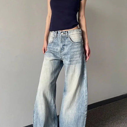 Jeans Vintage da Donna, Stile Americano Retrò, Gamba Larga Y2k, Vita Alta, Blu Chiaro, Pantaloni da Cowboy