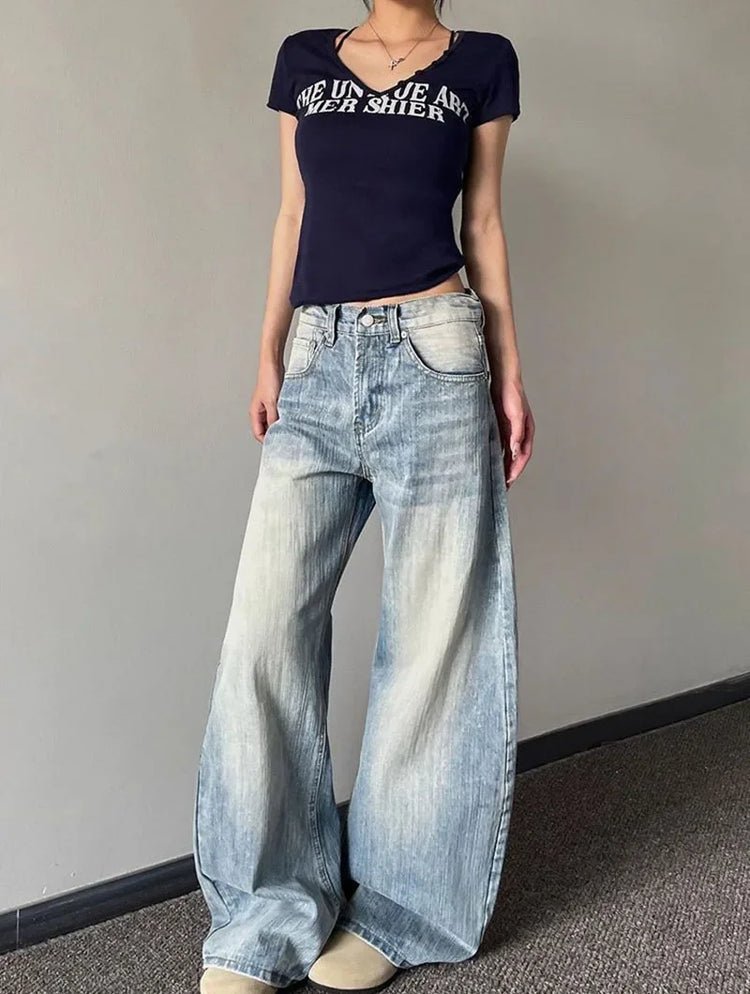 Jeans Vintage da Donna, Stile Americano Retrò, Gamba Larga Y2k, Vita Alta, Blu Chiaro, Pantaloni da Cowboy