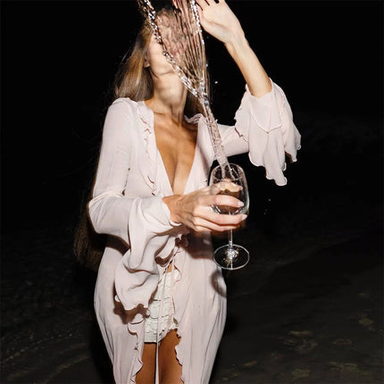 Moda scollo a V Summer Beach Cover Up Abito da spiaggia a maniche lunghe con volant Costume da bagno Vacanza Bikini Grembiule per protezione solare per le donne platinumshop