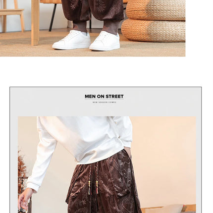 Pantaloni da uomo stile cinese retrò allentato drago scuro stampa pantaloni a gamba larga Kung Fu Tai Chi pantaloni casual tradizionali taglie forti 5XL