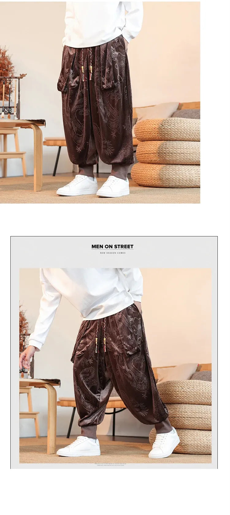 Pantaloni da uomo stile cinese retrò allentato drago scuro stampa pantaloni a gamba larga Kung Fu Tai Chi pantaloni casual tradizionali taglie forti 5XL