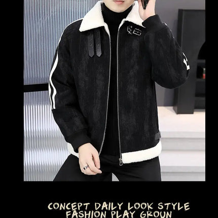 2024 Winter Woolen Motorcycle Jacket Men Thickened Velvet Casual Business Wool Blends Coat Hip Hop Social Streetwear Overcoat