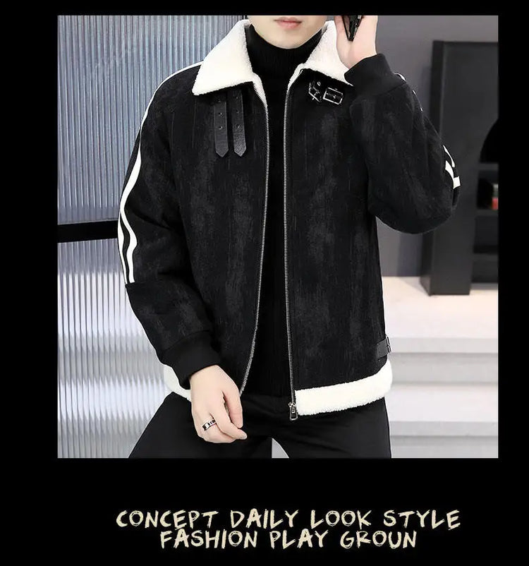 2024 Winter Woolen Motorcycle Jacket Men Thickened Velvet Casual Business Wool Blends Coat Hip Hop Social Streetwear Overcoat