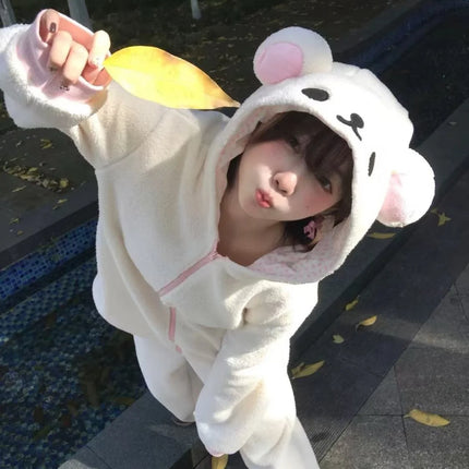 Cute Japan Bear Sleepwear Rilakkuma Y2K Hoodie Pajama Set Girls Fleece Lined Hooded Homewear Suit Autumn Winter Loungewear New
