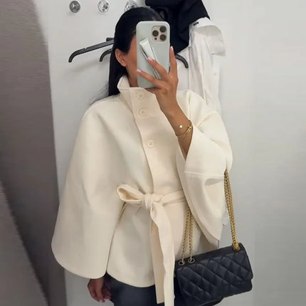 Elegant Women's Belt Short Woolen Coats Loose Stand Collar Single-breasted Long Sleeve Jacket 2026 Autumn Lady Commute Outwear