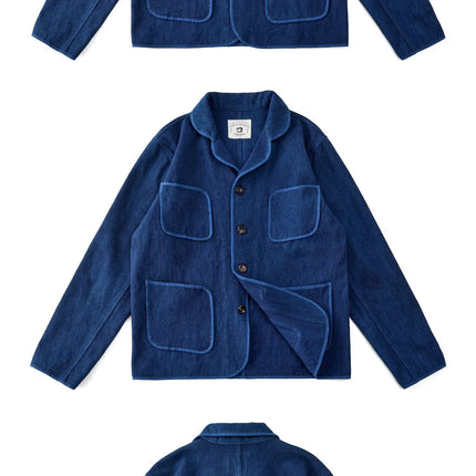 Vintage Handmade Indigo Jacket Men Spring Autumn New Lapel Multi-pocket Plant Blue Dyed Long Sleeve Jacket Casual Cardigan Coat