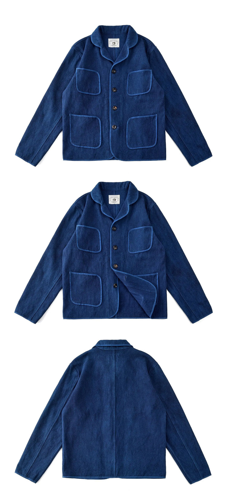 Vintage Handmade Indigo Jacket Men Spring Autumn New Lapel Multi-pocket Plant Blue Dyed Long Sleeve Jacket Casual Cardigan Coat