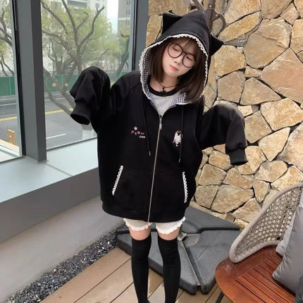 Zipper Hoodie Gothic Cartoon Kawaii Cat Ear Y2k Jacket Zip Up Thin Coat Spring Autumn Cute Core 2000s Clothes Fall Sweatshirts