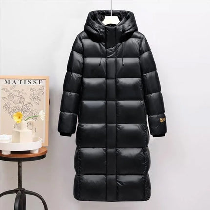 New Winter Men Hooded Black Shiny Long Puffer Jackets Couple Goose Down Coats Quality Male Over The Knee Thicker Warm Coats 3XL