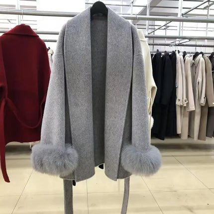 Faux Grey Elegant Casual Winter Belted Mid-Length Overcoat Women's Fashion Outerwear Warm Coat 2025 Fashion Cardigan Jacket