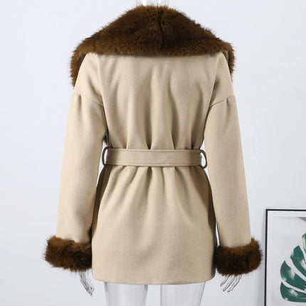 Shawl Faux Fur Women Coat Full Sleeve Woolen Lady Jacket 2025 Fashion Autumn Winter Lace Up Belted Waist Female Loose Outwears