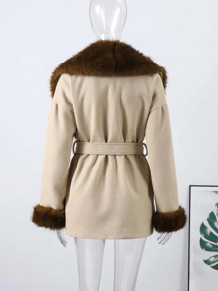 Shawl Faux Fur Women Coat Full Sleeve Woolen Lady Jacket 2025 Fashion Autumn Winter Lace Up Belted Waist Female Loose Outwears
