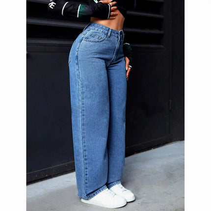 Jeans a gamba dritta a vita alta lavati blu da donna americana Jeans larghi con tasche frontali e posteriori adatti per l'abbigliamento casual quotidiano