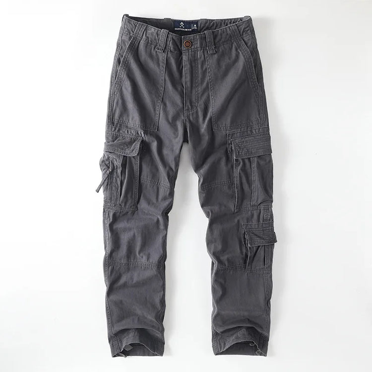 American Style Men's Heavyweight Cotton Cargo Pants Multi-Pocket Casual Loose Straight-Leg Work Trousers Outdoor Jogger Pants