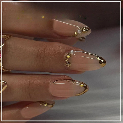 24Pcs Medium Almond Nude‑Pink 3D Textured Metallic Cat‑Eye French Sheer Press‑On False Nails For Nail Art Decor