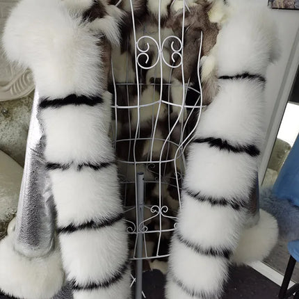 Winter Long Jacket Real Fur Coat Women Clothes Large Silver Fox Fur Collar Detachable Natural Fox Lining Parkas Leather Fur