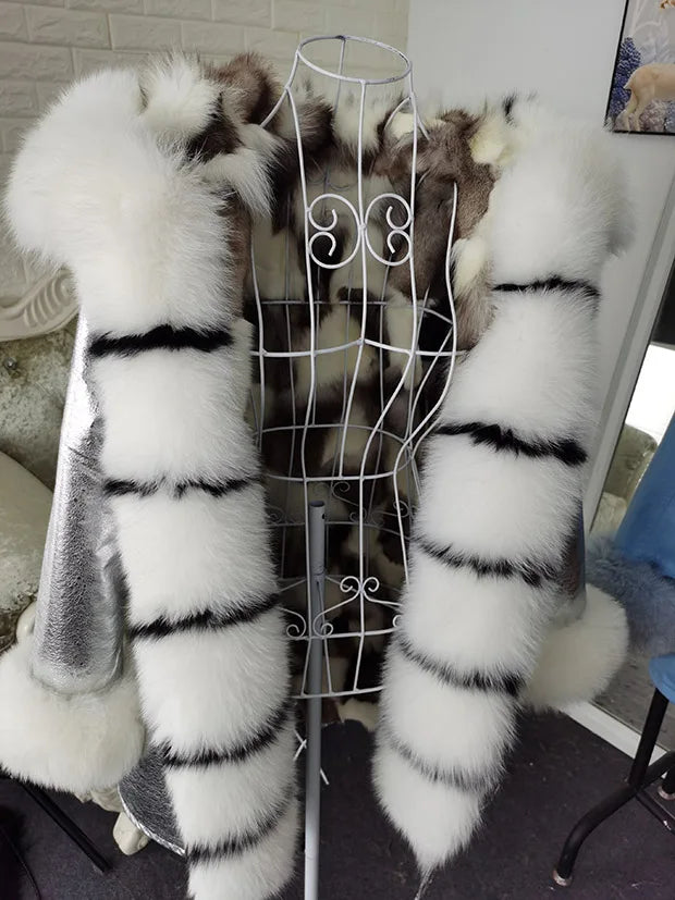 Winter Long Jacket Real Fur Coat Women Clothes Large Silver Fox Fur Collar Detachable Natural Fox Lining Parkas Leather Fur