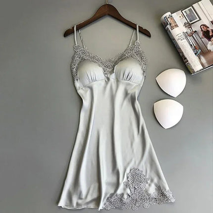 Abito da notte sexy in raso di seta da donna Camicie da notte senza maniche Camicia da notte con scollo a V Camicia da notte Indumenti da notte in pizzo Indumenti da notte per le donne Top da notte