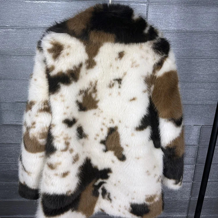 ZADORIN 2026 Chic Mid Long Cow Pattern Fluffy Faux Fur Coat Woman Lapel Loose Winter Fur Coats Woman Furry Jacket Fur Faux Coat