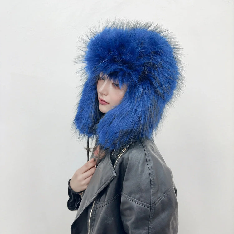 Y2K Fluffy Popular Russian Female Round Earflap Cap Faux Fur Winter Warm Hat For Women Faux Fox Raccoon Fur Beanies Bomber Gorra