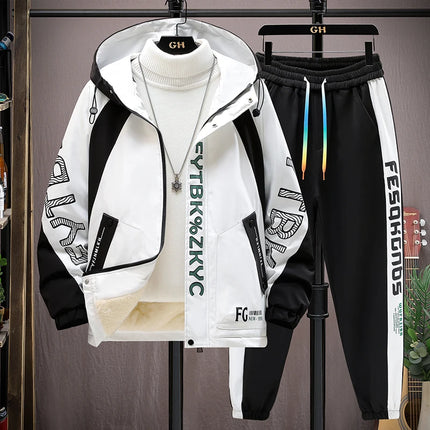 Winter Warm Hooded patchwork Jacket+Pant 2-piece Set Men Set Sports Suit Fleece Thickened Sportswear Casual Men Tracksuit