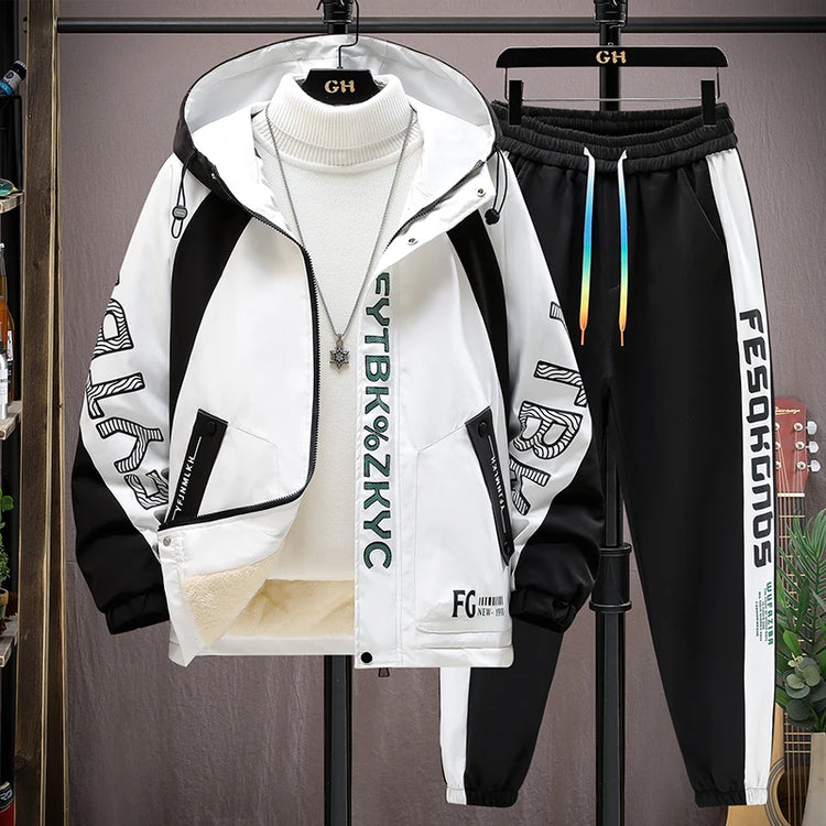 Winter Warm Hooded patchwork Jacket+Pant 2-piece Set Men Set Sports Suit Fleece Thickened Sportswear Casual Men Tracksuit