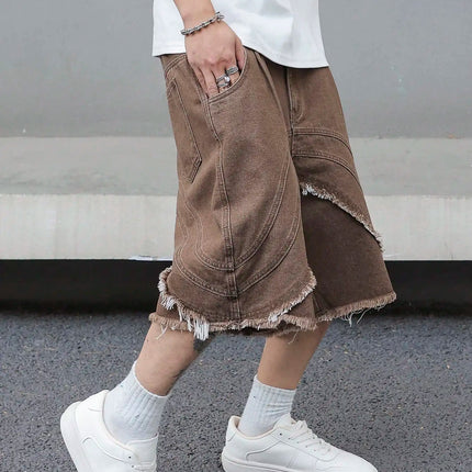 Pantaloncini estivi in denim marrone da uomo, caratterizzati dallo stile street retrò alla moda, alla moda, vestibilità ampia, adatti per l'abbigliamento casual quotidiano.