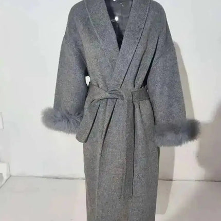 UCXQ Elegant Woolen Coat Temperament Office Lady Overcoats Fur Patchwork Long Sleeve Beautiful Women's Coats 2025 Winter New