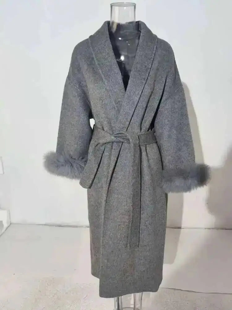 UCXQ Elegant Woolen Coat Temperament Office Lady Overcoats Fur Patchwork Long Sleeve Beautiful Women's Coats 2025 Winter New