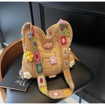 Borsa tote da donna in stile boho con motivo floreale all'uncinetto, borsa a tracolla in maglia intrecciata di grande capacità, borsa da spiaggia estiva per ragazze