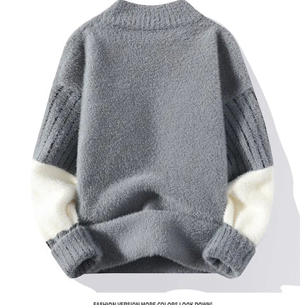Thickened Winter Semi High Neck Knitted Sweater with Anti Pilling Splicing Men's Casual Long Sleeved Bottom Printed Pullover