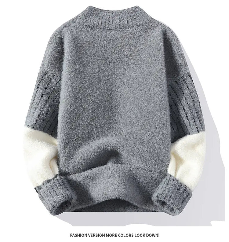 Thickened Winter Semi High Neck Knitted Sweater with Anti Pilling Splicing Men's Casual Long Sleeved Bottom Printed Pullover