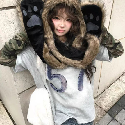 Japanese Kawaii Cute Fur Scarf Hat Winter Keep Warm Y2k Aesthetic Fashion Vintage Cap Bears Ears Women Hats Grunge Streetwear