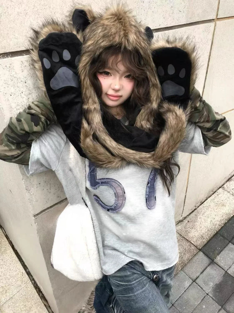 Japanese Kawaii Cute Fur Scarf Hat Winter Keep Warm Y2k Aesthetic Fashion Vintage Cap Bears Ears Women Hats Grunge Streetwear