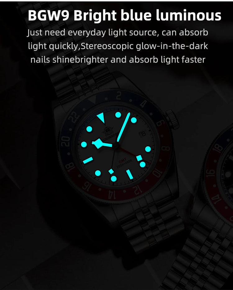 ADDIESDIVE Hot Sale GMT Movement Quartz Watch Stainless Steel Super Luminous 200M Diver Watches For Men AD2044 Relogio Masculino