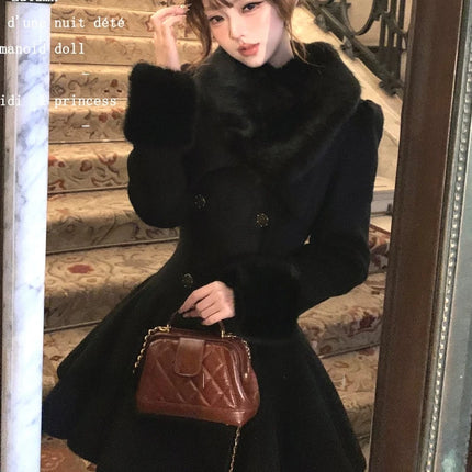 Elegant Warm Winter Fur Collar Woolen Coat Women French Style Hepburn Slim Mid-length Outwear 2025 Vintage Lolita Chic Outfits