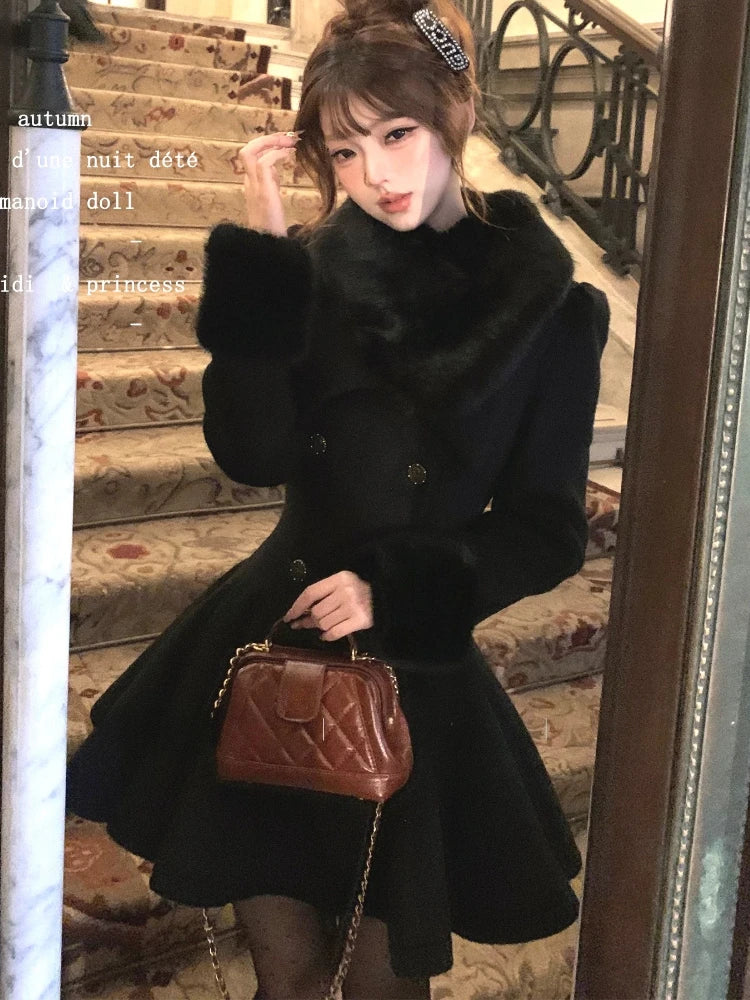 Elegant Warm Winter Fur Collar Woolen Coat Women French Style Hepburn Slim Mid-length Outwear 2025 Vintage Lolita Chic Outfits