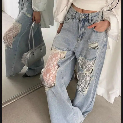 Jeans a Vita Alta e Gamba Larga per Donna, Pantaloni in Denim Estivi con Patchwork in Pizzo e Grandi Fori | Pantaloni Casual Retrò per Donna