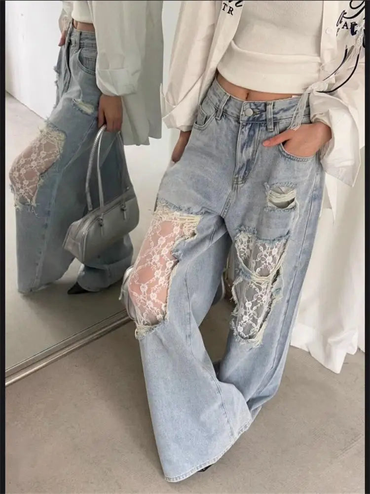 Jeans a Vita Alta e Gamba Larga per Donna, Pantaloni in Denim Estivi con Patchwork in Pizzo e Grandi Fori | Pantaloni Casual Retrò per Donna