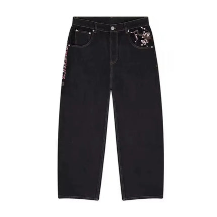 Casual suit retro low waist hip hop cherry blossom embroidered jeans wide leg pants y2k clothing mens embroidered loose jeans PlatiNum